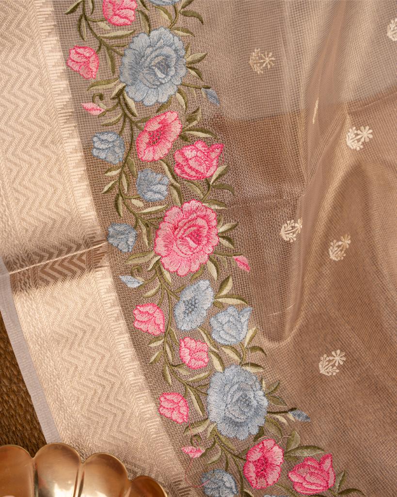 Golden Silk Kota Saree with Floral Emrboidered Borders with Red Hand Embroidered Blouse | Blouse Size 38-44” | Free Shipping