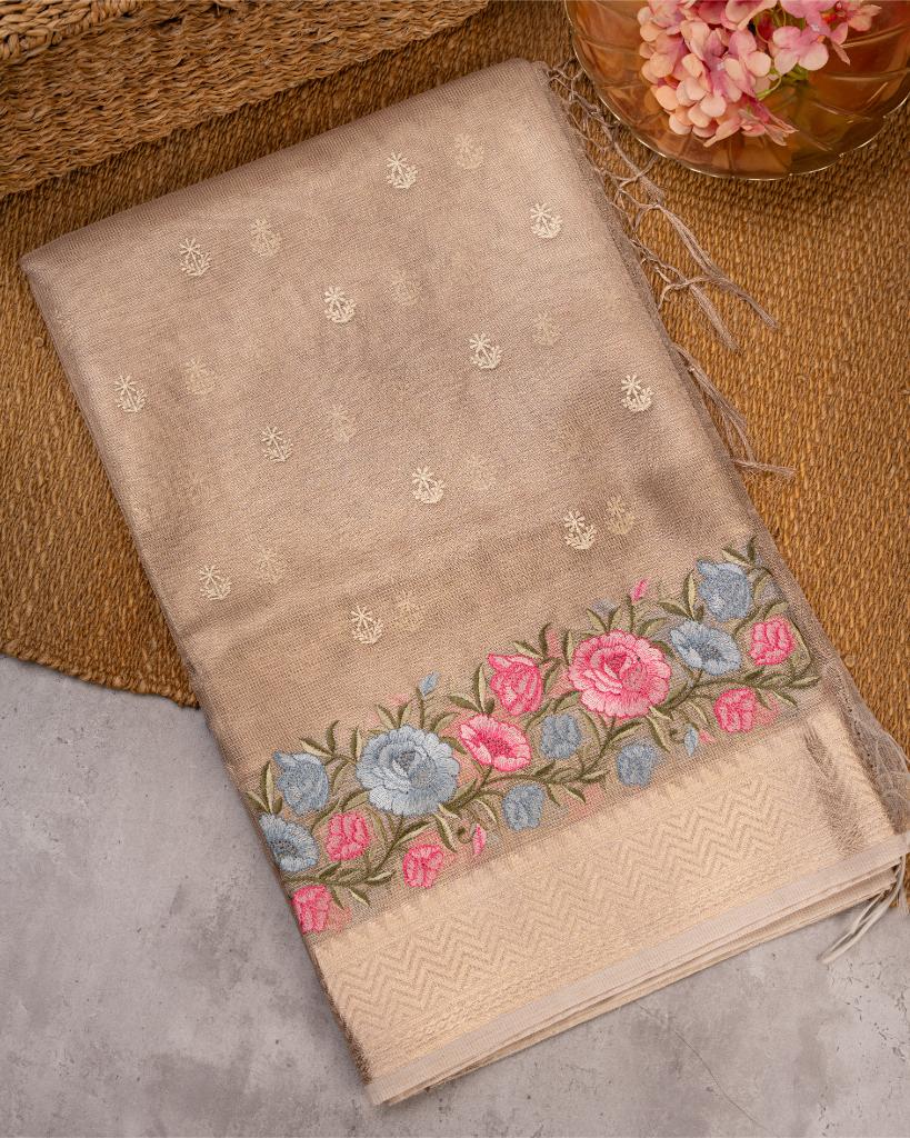 Golden Silk Kota Saree with Floral Emrboidered Borders with Red Hand Embroidered Blouse | Blouse Size 38-44” | Free Shipping