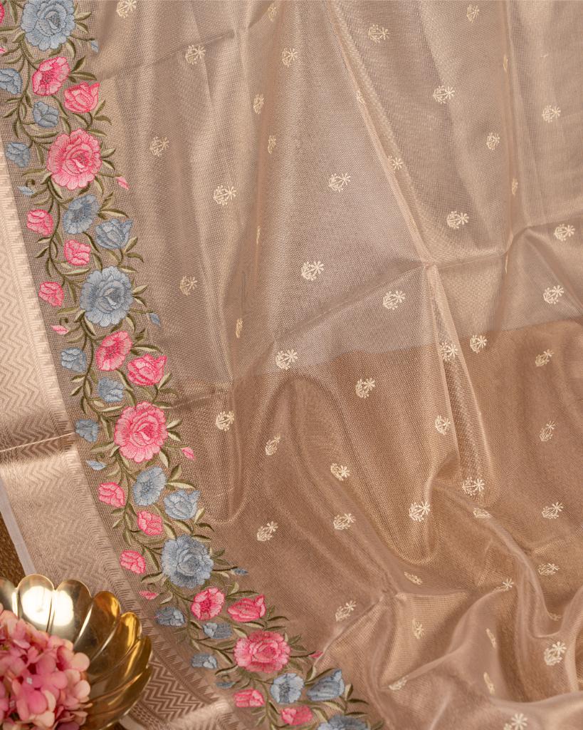 Golden Silk Kota Saree with Floral Emrboidered Borders with Red Hand Embroidered Blouse | Blouse Size 38-44” | Free Shipping