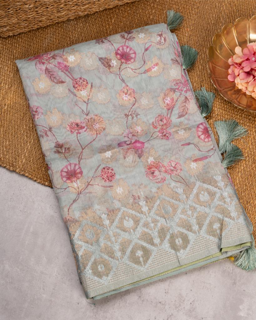 Greenish Grey Chanderi Floral Printed Saree with Pattern Blouse | Blouse Size 38-44” | Free Shipping