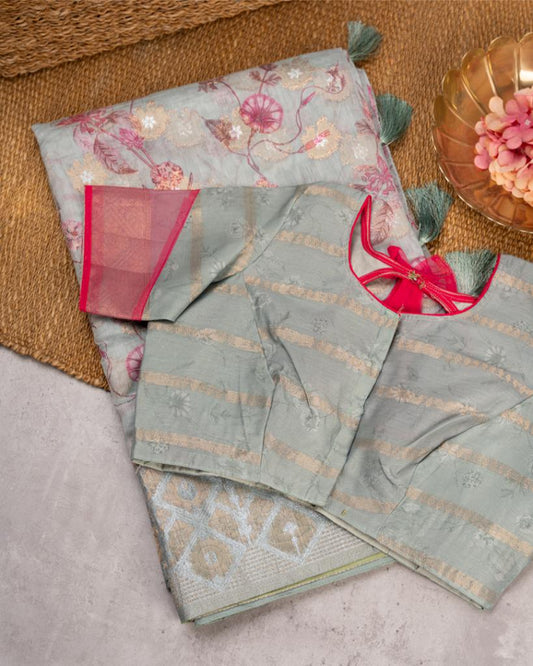 Greenish Grey Chanderi Floral Printed Saree with Pattern Blouse | Blouse Size 38-44” | Free Shipping