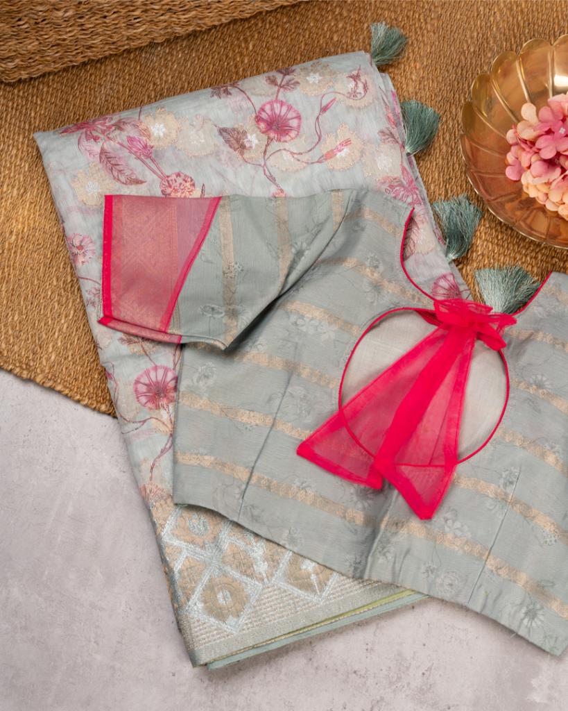 Greenish Grey Chanderi Floral Printed Saree with Pattern Blouse | Blouse Size 38-44” | Free Shipping