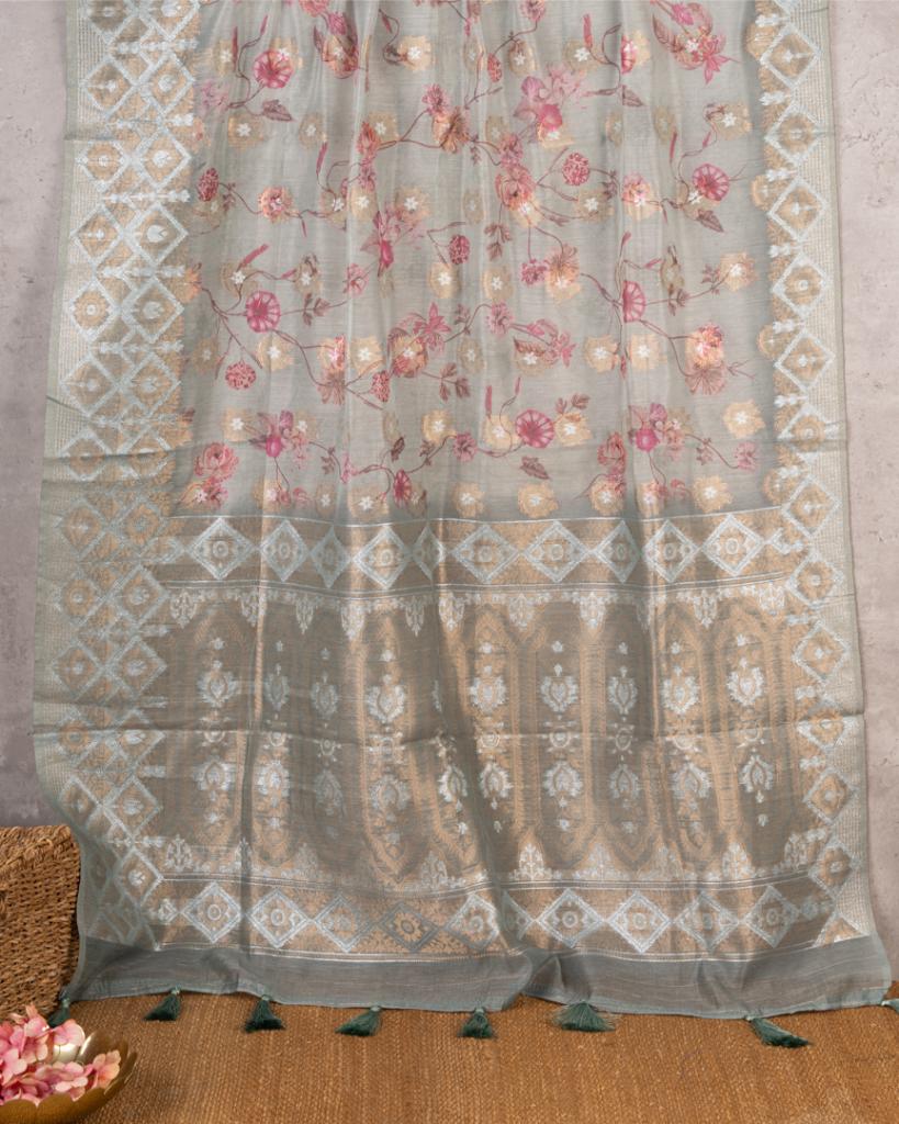 Greenish Grey Chanderi Floral Printed Saree with Pattern Blouse | Blouse Size 38-44” | Free Shipping
