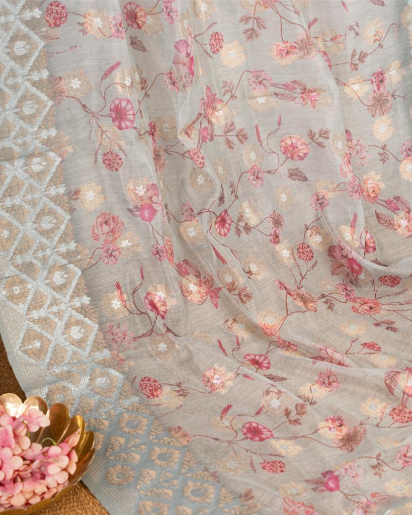 Greenish Grey Chanderi Floral Printed Saree with Pattern Blouse | Blouse Size 38-44” | Free Shipping