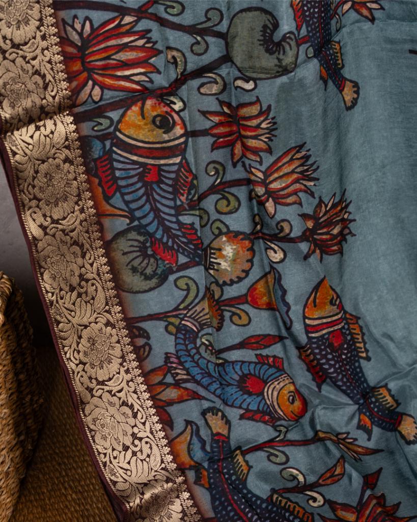 Grey Pure Banarasi Dola Silk Saree with Kalamkari Prints and Brown Banarasi Borders with Coffee Brown Banarasi Brocade Blouse | Blouse Size 38-44” | Free Shipping