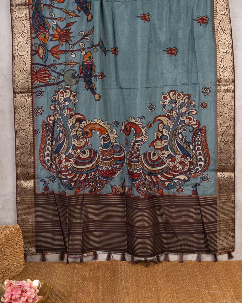 Grey Pure Banarasi Dola Silk Saree with Kalamkari Prints and Brown Banarasi Borders with Coffee Brown Banarasi Brocade Blouse | Blouse Size 38-44” | Free Shipping