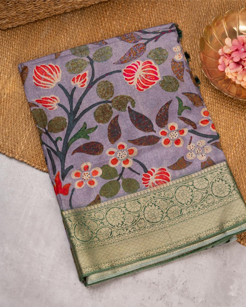 Grey Pure Banarasi Dola Silk Saree with Kalamkari Prints and  Green Banarasi Borders with Green Banarasi Brocade Blouse | Blouse Size 38-44” | Free Shipping