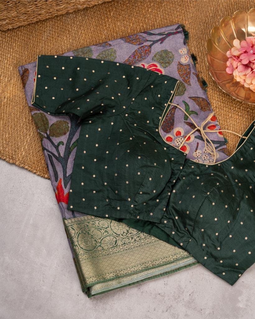 Grey Pure Banarasi Dola Silk Saree with Kalamkari Prints and  Green Banarasi Borders with Green Banarasi Brocade Blouse | Blouse Size 38-44” | Free Shipping