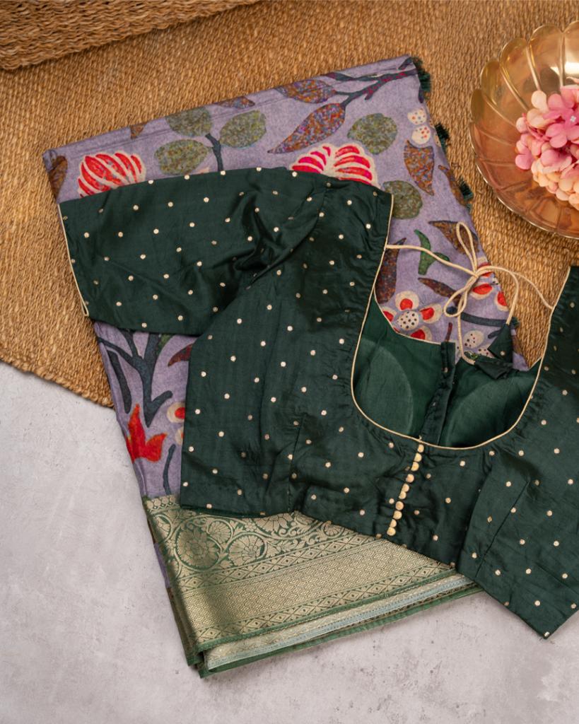 Grey Pure Banarasi Dola Silk Saree with Kalamkari Prints and  Green Banarasi Borders with Green Banarasi Brocade Blouse | Blouse Size 38-44” | Free Shipping