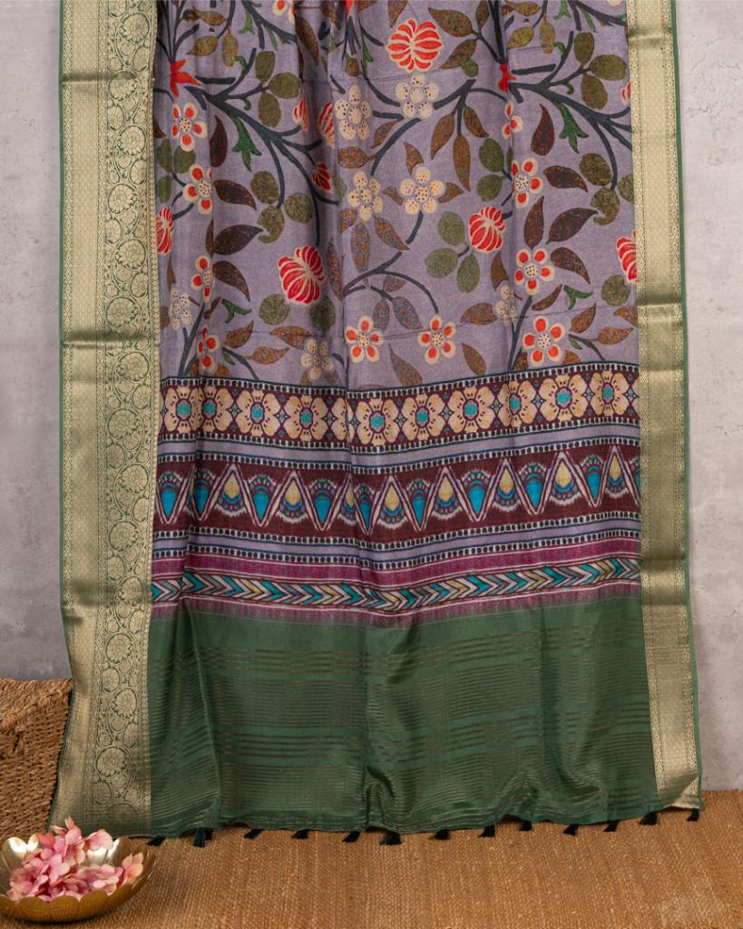 Grey Pure Banarasi Dola Silk Saree with Kalamkari Prints and  Green Banarasi Borders with Green Banarasi Brocade Blouse | Blouse Size 38-44” | Free Shipping