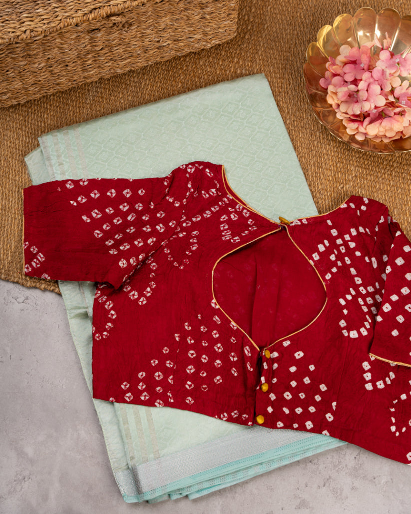 Ice Blue Banarasi Tanchui Pattern Saree with Red Bandini Printed Blouse | Blouse Size 38-44" | Free Shipping