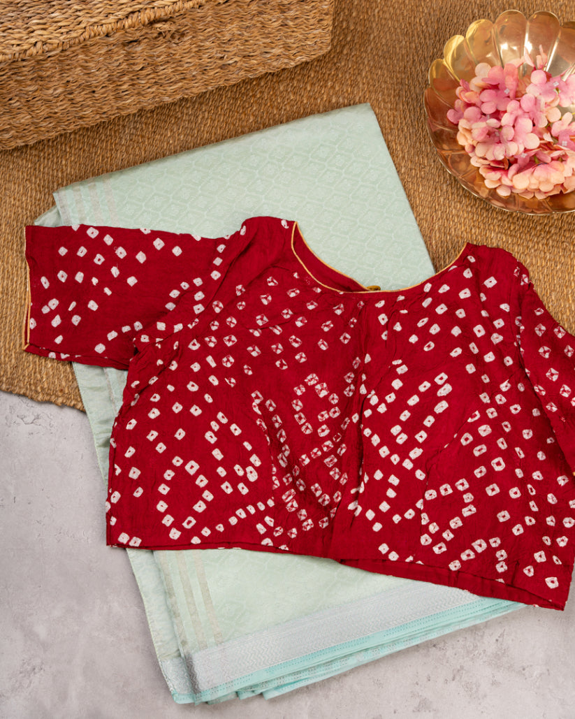 Ice Blue Banarasi Tanchui Pattern Saree with Red Bandini Printed Blouse | Blouse Size 38-44" | Free Shipping