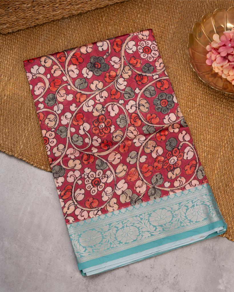 Kalamakari Prints on Maroon Dola Saree with Aqua Blue Kanchipuram Inspired Borders & Aqua Blue Kalamkari Printed Blouse | Blouse Size 38-44” | Free Shipping