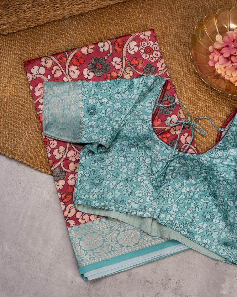 Kalamakari Prints on Maroon Dola Saree with Aqua Blue Kanchipuram Inspired Borders & Aqua Blue Kalamkari Printed Blouse | Blouse Size 38-44” | Free Shipping