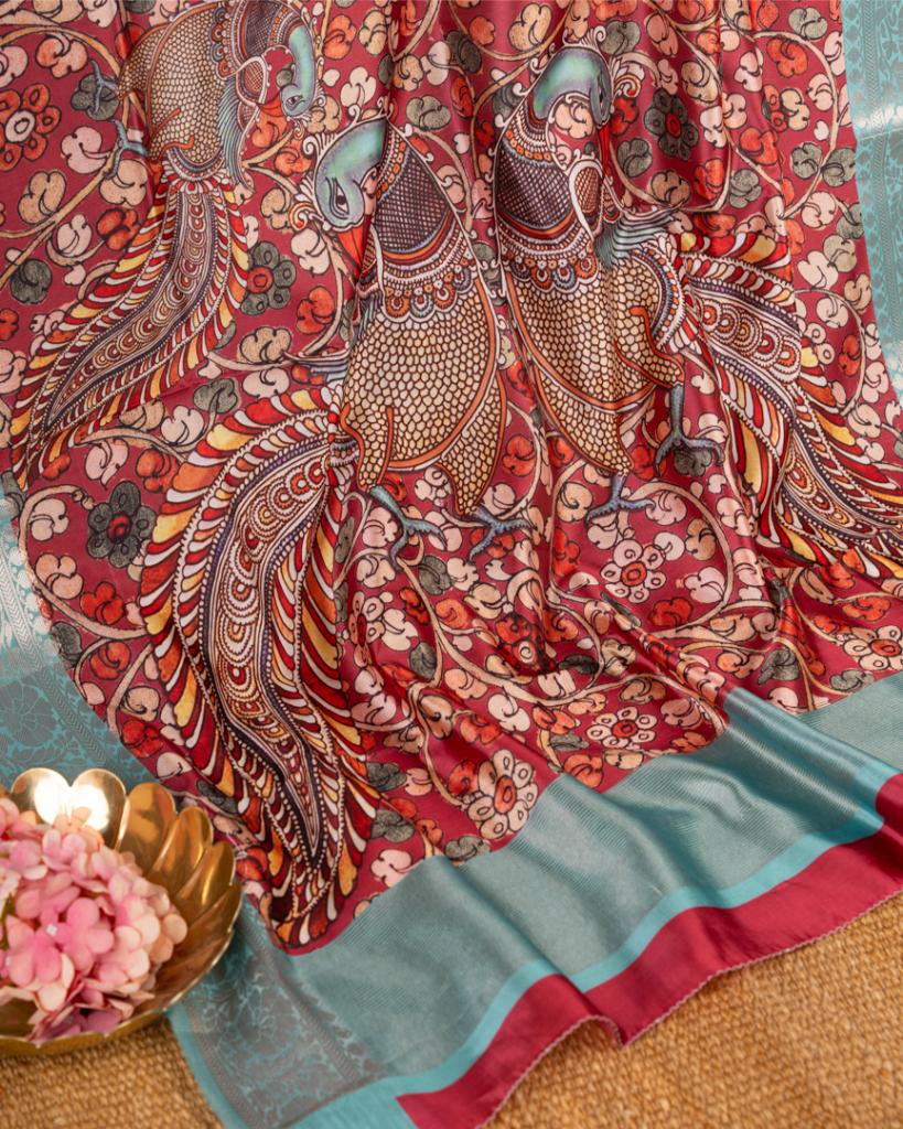 Kalamakari Prints on Maroon Dola Saree with Aqua Blue Kanchipuram Inspired Borders & Aqua Blue Kalamkari Printed Blouse | Blouse Size 38-44” | Free Shipping