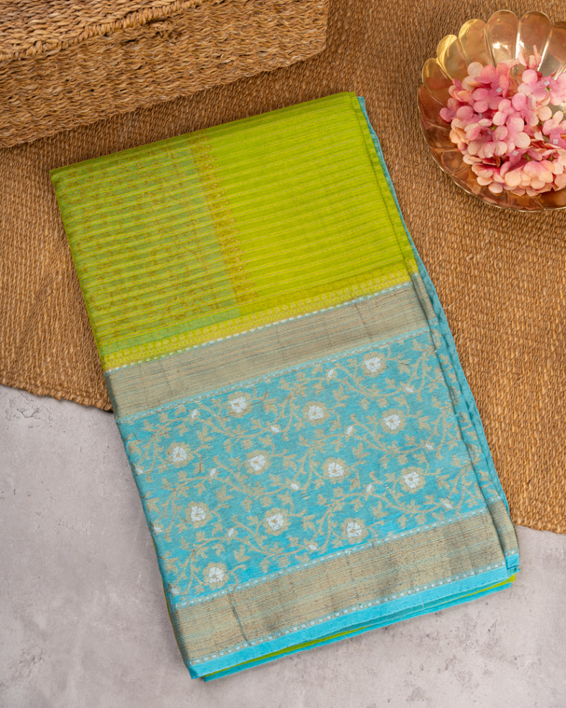 Light Green Banarasi Kora Silk Saree with Pastel Blue meenakari borders & Blue Pattern Blouse | Blouse size 38-44" | Free Shipping