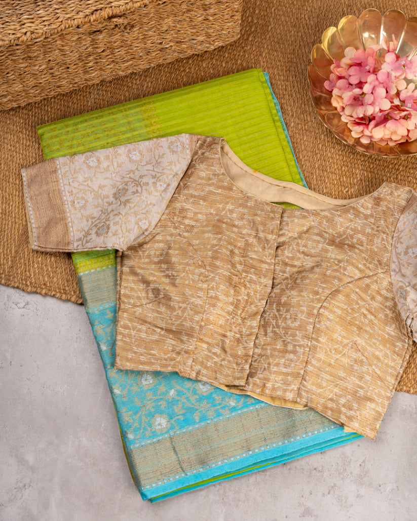 Light Green Banarasi Kora Silk Saree with Pastel Blue meenakari borders & Blue Pattern Blouse | Blouse size 38-44" | Free Shipping