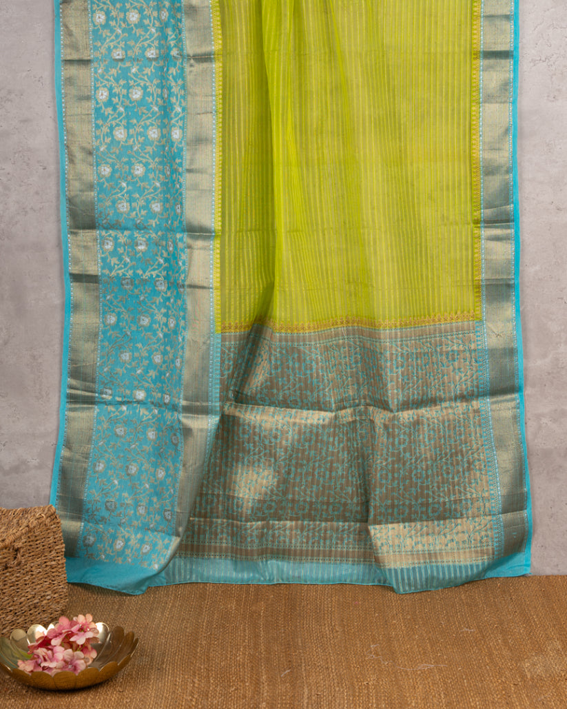 Light Green Banarasi Kora Silk Saree with Pastel Blue meenakari borders & Blue Pattern Blouse | Blouse size 38-44" | Free Shipping