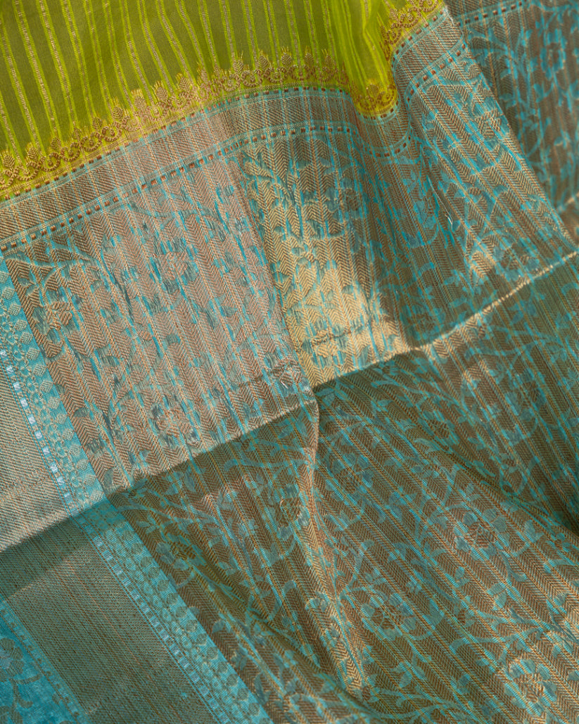 Light Green Banarasi Kora Silk Saree with Pastel Blue meenakari borders & Blue Pattern Blouse | Blouse size 38-44" | Free Shipping