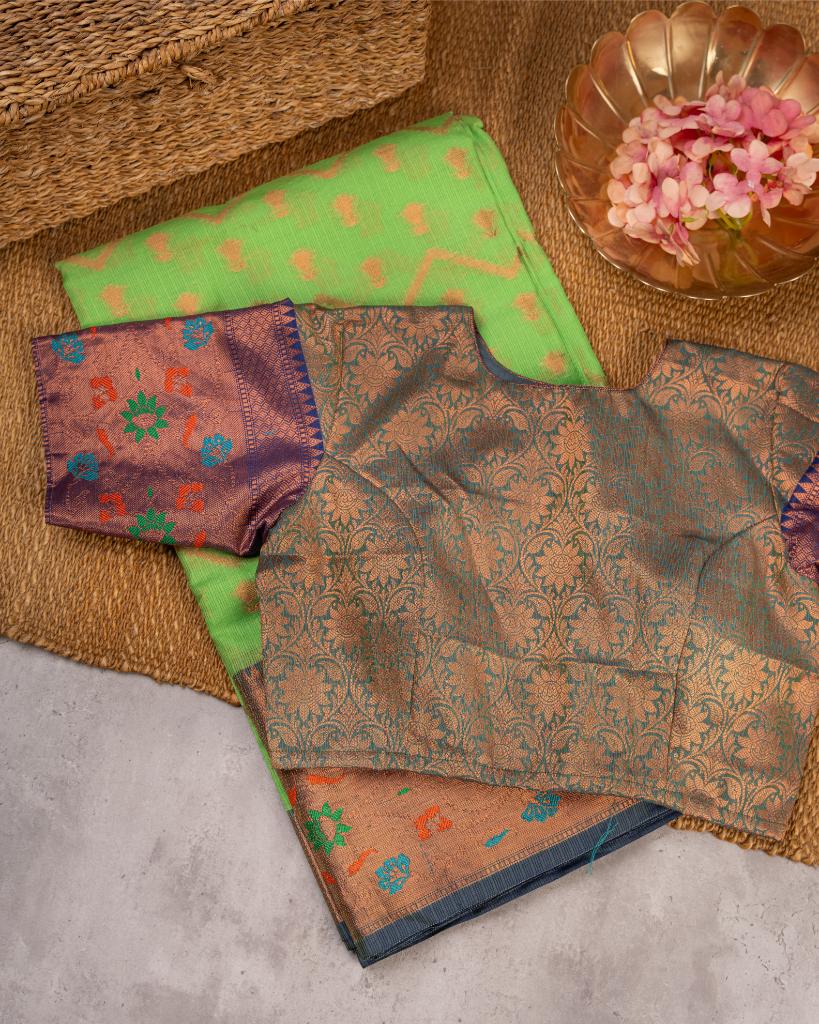 Light Green Kota Semi Silk with Blue Banarasi Brocade Borders & Blue Banarasi Brocade Patteren Blouse | Blouse Size 38-44” | Free Shipping