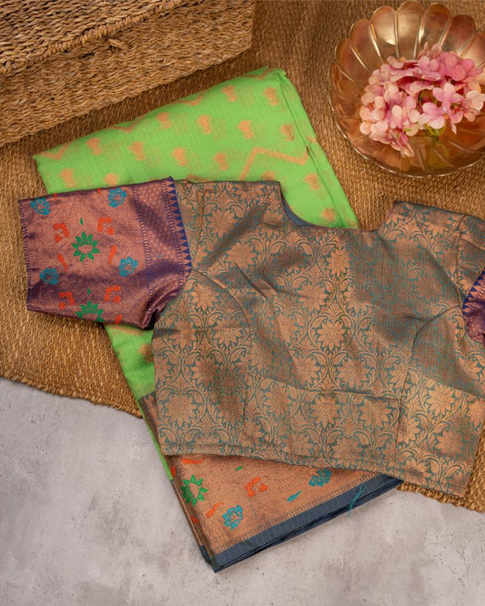 Light Green Kota Semi Silk with Blue Banarasi Brocade Borders & Blue Banarasi Brocade Patteren Blouse | Blouse Size 38-44” | Free Shipping