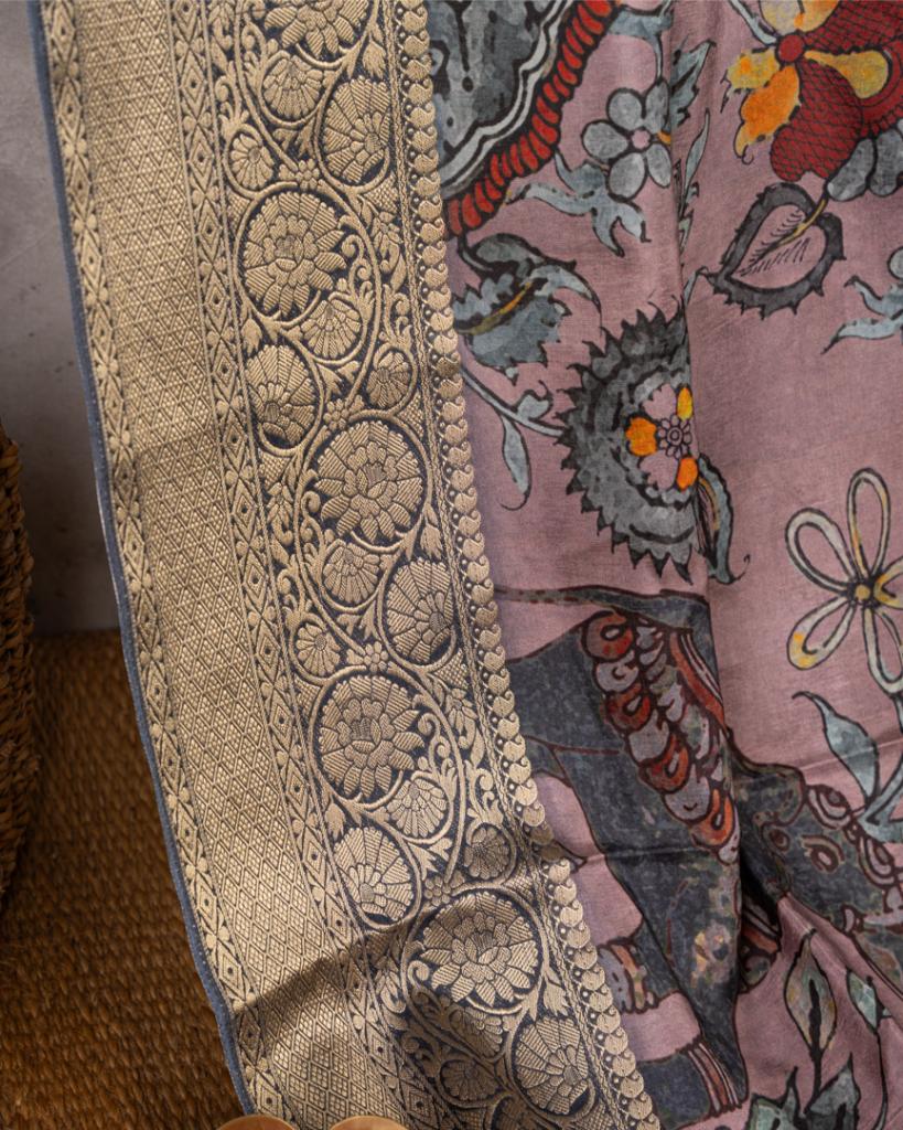Lilac Pure Banarasi Dola Silk Saree with Kalamkari Prints and Charcoal Grey Banarasi Borders with Charcoal Grey  Banarasi Brocade Blouse | Blouse Size 38-44” | Free Shipping