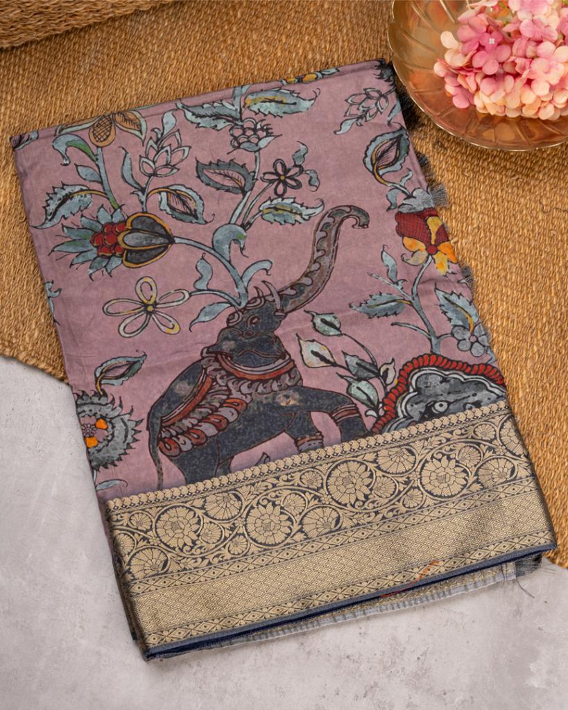 Lilac Pure Banarasi Dola Silk Saree with Kalamkari Prints and Charcoal Grey Banarasi Borders with Charcoal Grey  Banarasi Brocade Blouse | Blouse Size 38-44” | Free Shipping