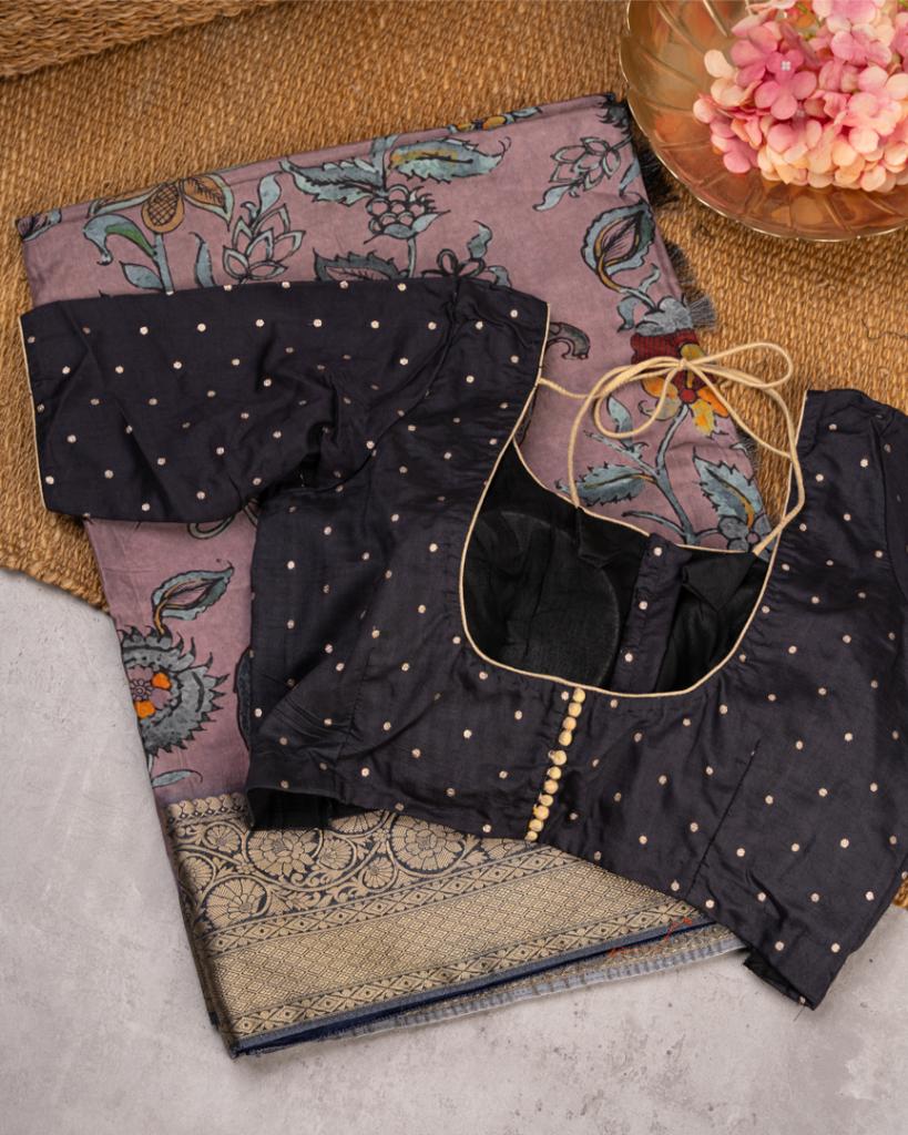 Lilac Pure Banarasi Dola Silk Saree with Kalamkari Prints and Charcoal Grey Banarasi Borders with Charcoal Grey  Banarasi Brocade Blouse | Blouse Size 38-44” | Free Shipping