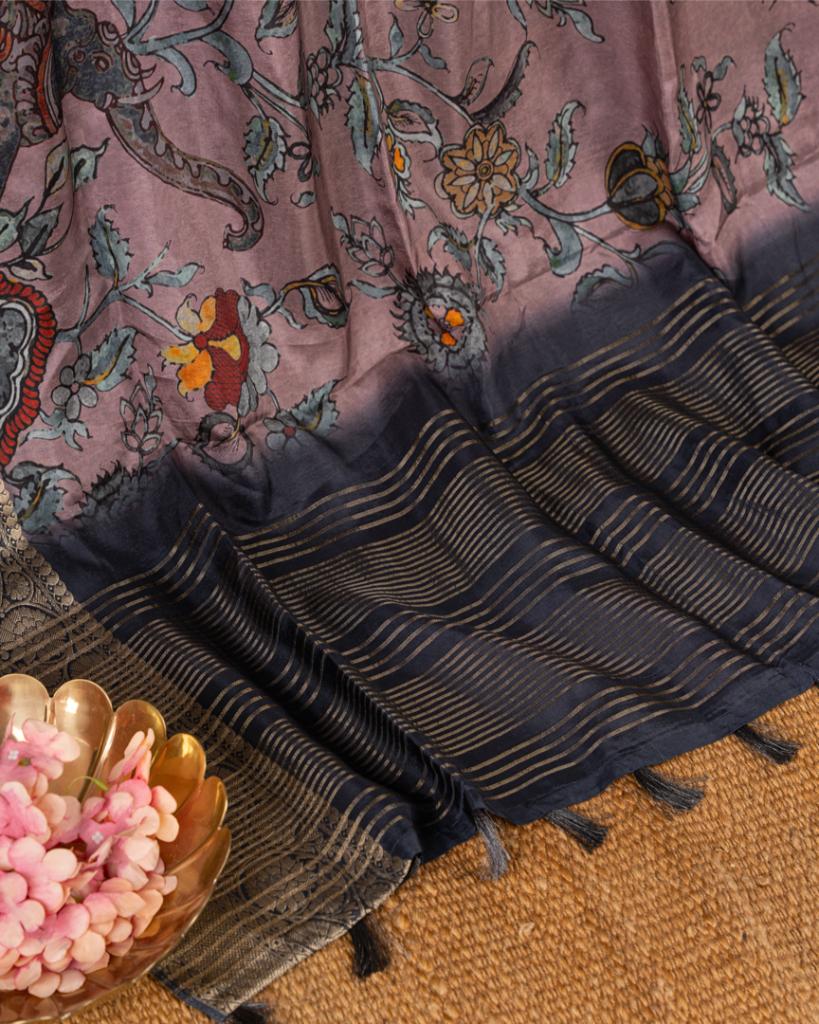 Lilac Pure Banarasi Dola Silk Saree with Kalamkari Prints and Charcoal Grey Banarasi Borders with Charcoal Grey  Banarasi Brocade Blouse | Blouse Size 38-44” | Free Shipping