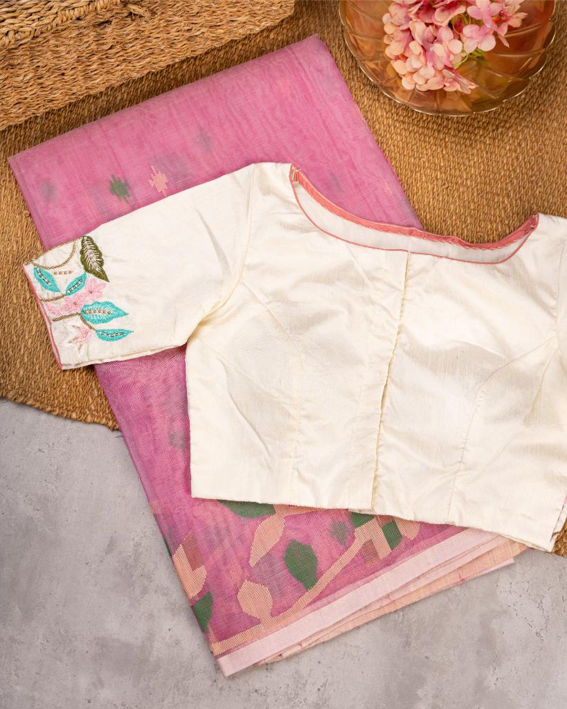 Lilac Pure Muslin Silk Saree with Handwoven Jamdhani Floral Patterns & Off White Hand Embroidered Blouse | Blouse Size 38-44” | Free Shipping