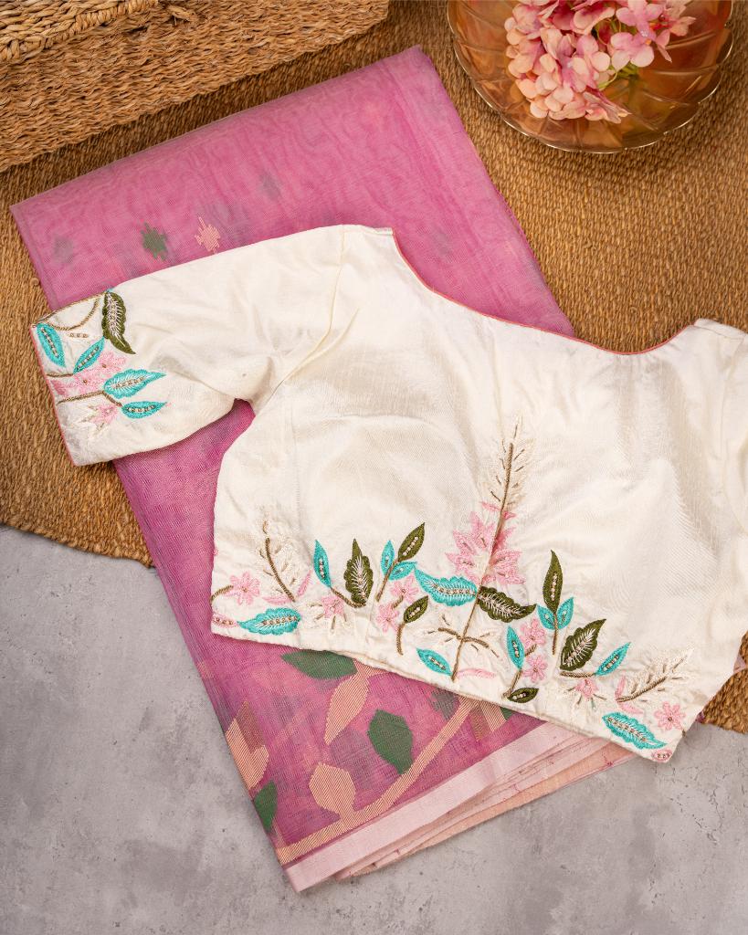 Lilac Pure Muslin Silk Saree with Handwoven Jamdhani Floral Patterns & Off White Hand Embroidered Blouse | Blouse Size 38-44” | Free Shipping