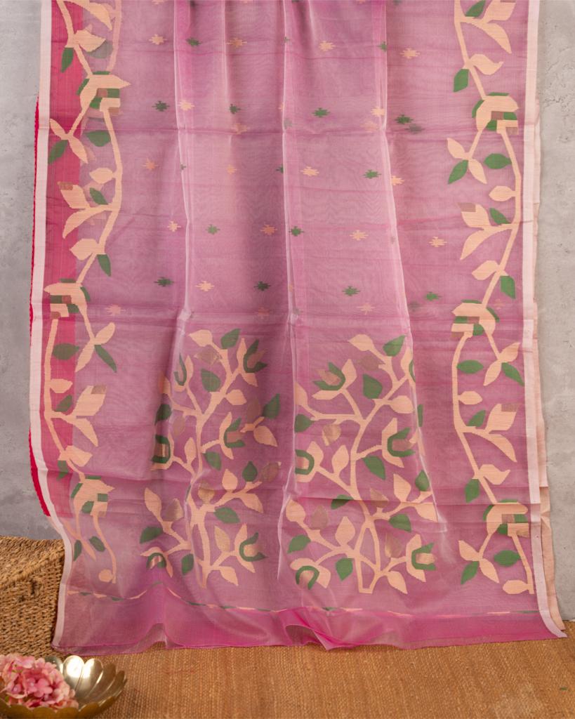Lilac Pure Muslin Silk Saree with Handwoven Jamdhani Floral Patterns & Off White Hand Embroidered Blouse | Blouse Size 38-44” | Free Shipping