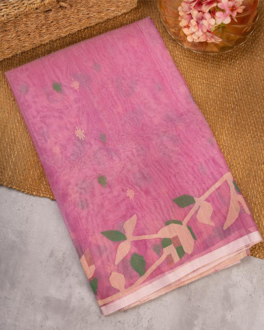 Lilac Pure Muslin Silk Saree with Handwoven Jamdhani Floral Patterns & Off White Hand Embroidered Blouse | Blouse Size 38-44” | Free Shipping