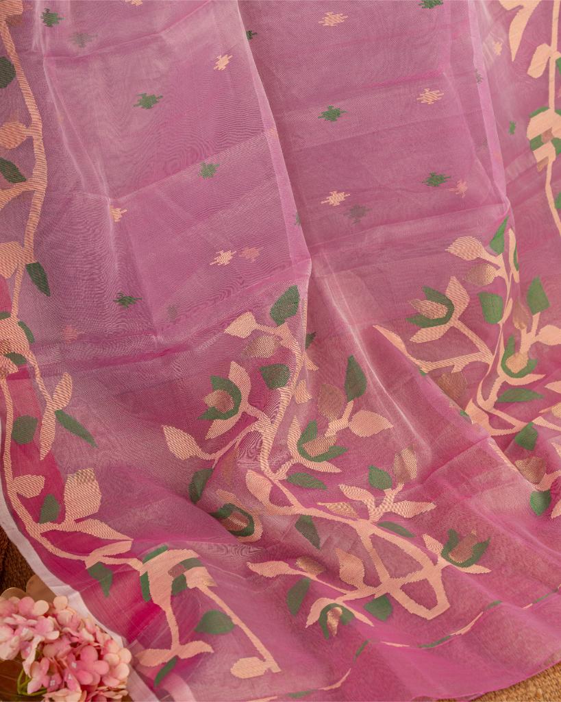 Lilac Pure Muslin Silk Saree with Handwoven Jamdhani Floral Patterns & Off White Hand Embroidered Blouse | Blouse Size 38-44” | Free Shipping