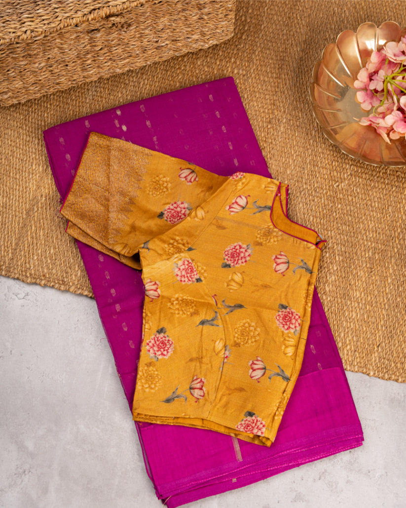 Magenta Bengal Dhakai Jamdhani Silk cotton saree with Zari flower motiffs With Mustard Pure Gorgette Tassar Floral Printed Blouse in Size 38-44"| Free Shipping |