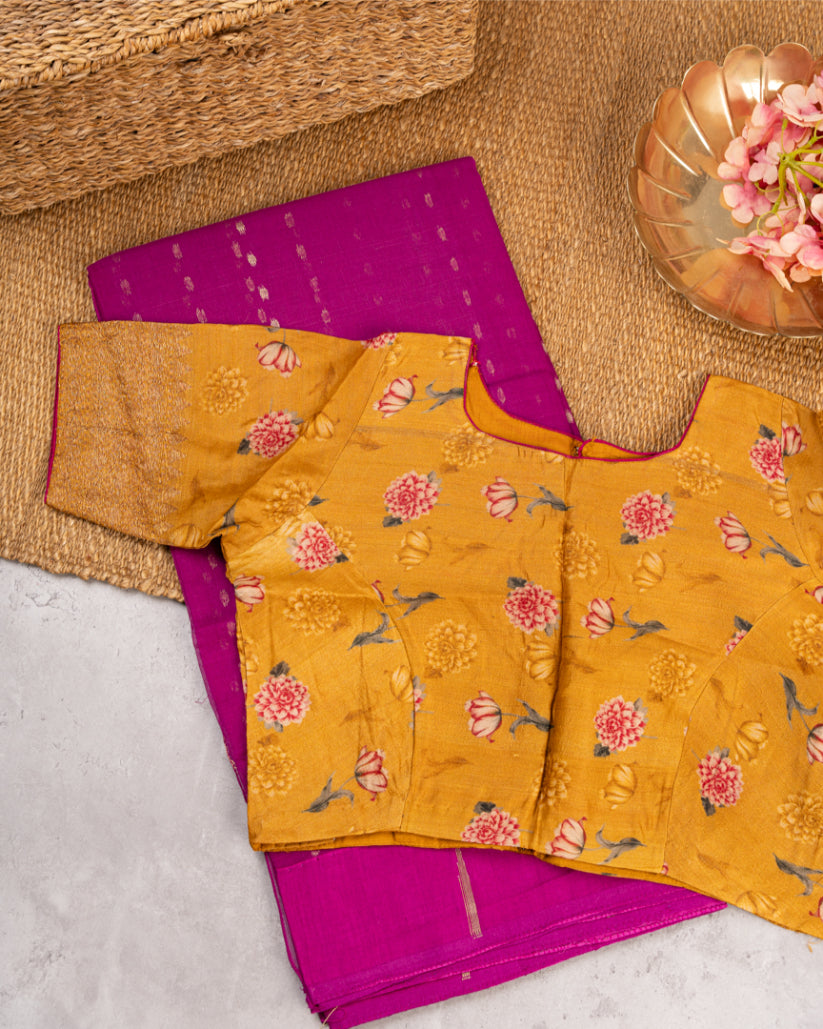 Magenta Bengal Dhakai Jamdhani Silk cotton saree with Zari flower motiffs With Mustard Pure Gorgette Tassar Floral Printed Blouse in Size 38-44"| Free Shipping |