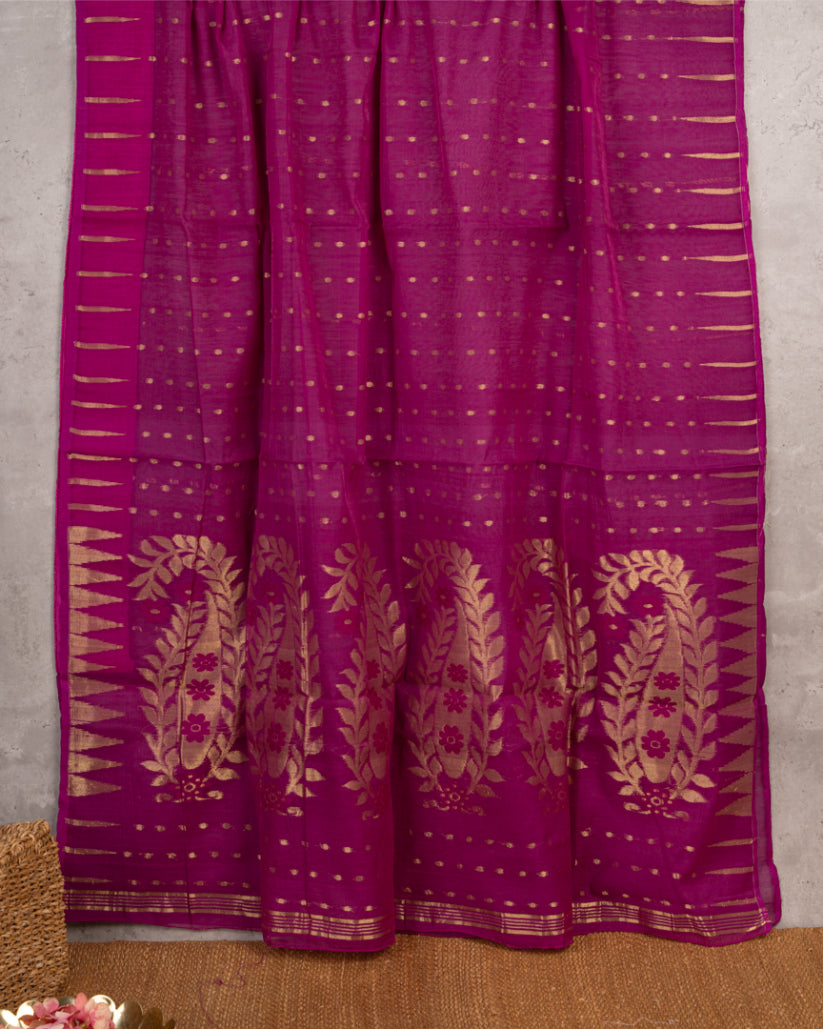 Magenta Bengal Dhakai Jamdhani Silk cotton saree with Zari flower motiffs With Mustard Pure Gorgette Tassar Floral Printed Blouse in Size 38-44"| Free Shipping |