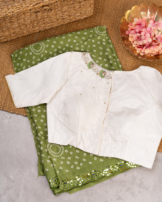 Moss Green Bandini Prints on Crepe Silk with Mirror lace work and Hand Work Blouse in White color | Blouse Size 38-44" | Free Shipping
