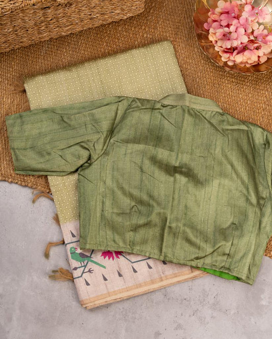 Moss Green Semi Tassar Silk Saree with Paithani Brocade printed Borders & Pallu | Blouse Size 38-44” | Free Shipping