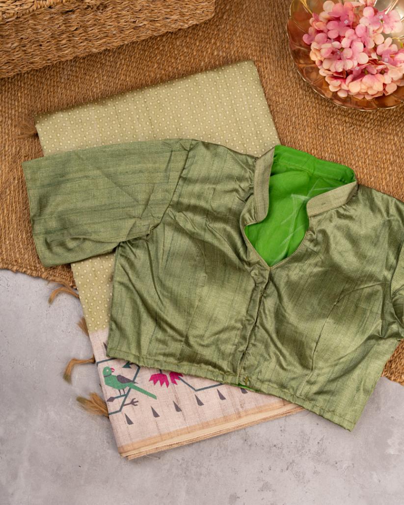 Moss Green Semi Tassar Silk Saree with Paithani Brocade printed Borders & Pallu | Blouse Size 38-44” | Free Shipping