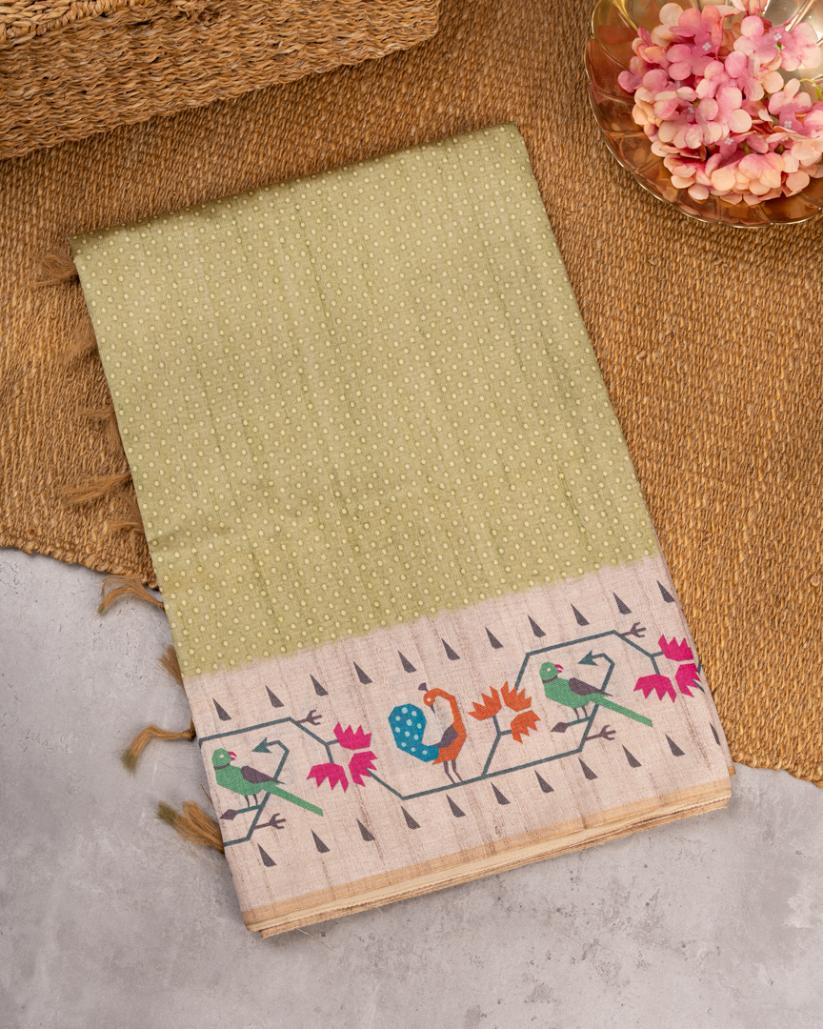 Moss Green Semi Tassar Silk Saree with Paithani Brocade printed Borders & Pallu | Blouse Size 38-44” | Free Shipping