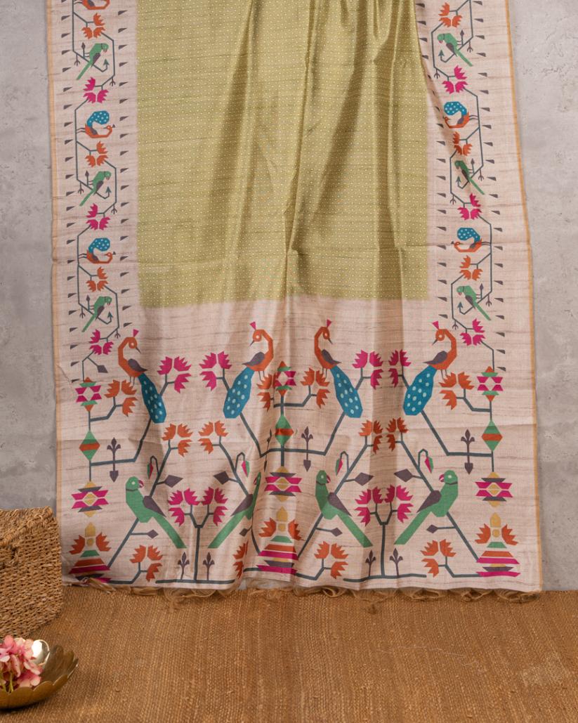 Moss Green Semi Tassar Silk Saree with Paithani Brocade printed Borders & Pallu | Blouse Size 38-44” | Free Shipping