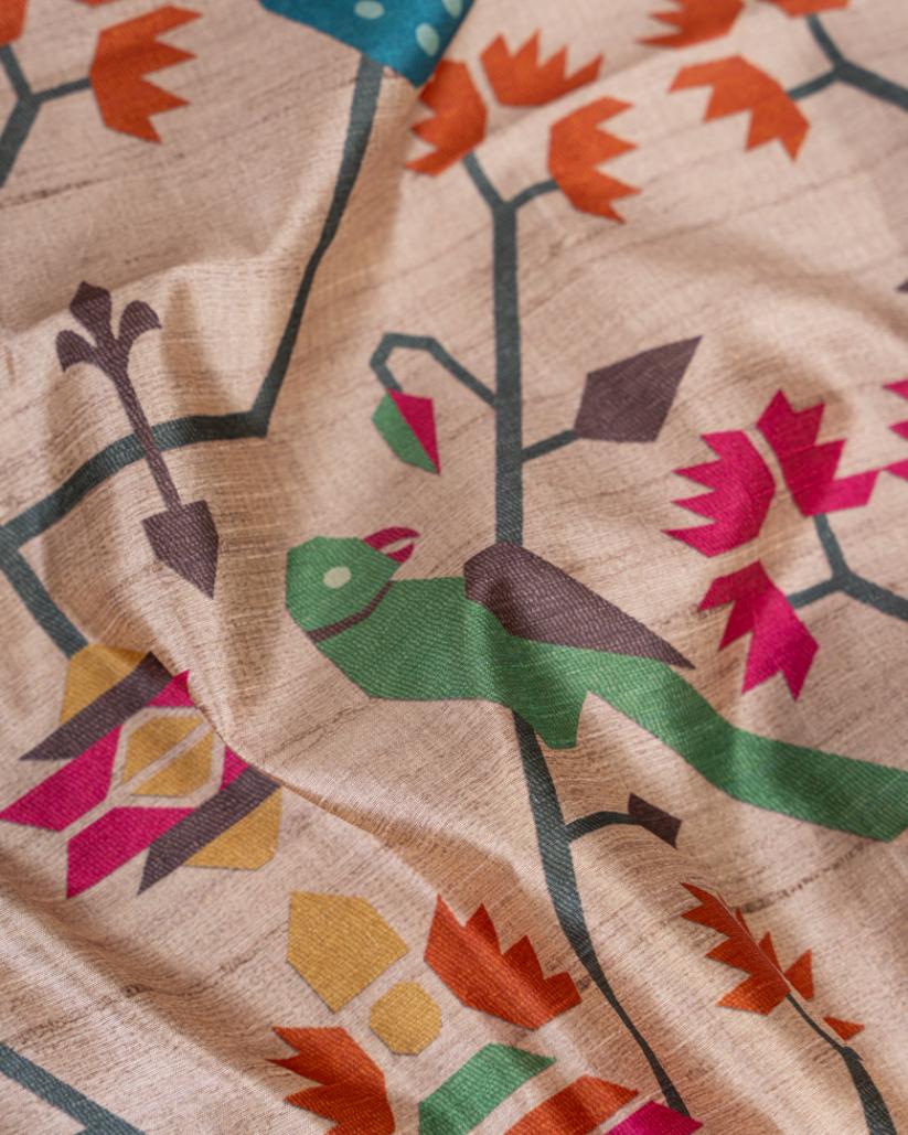 Moss Green Semi Tassar Silk Saree with Paithani Brocade printed Borders & Pallu | Blouse Size 38-44” | Free Shipping