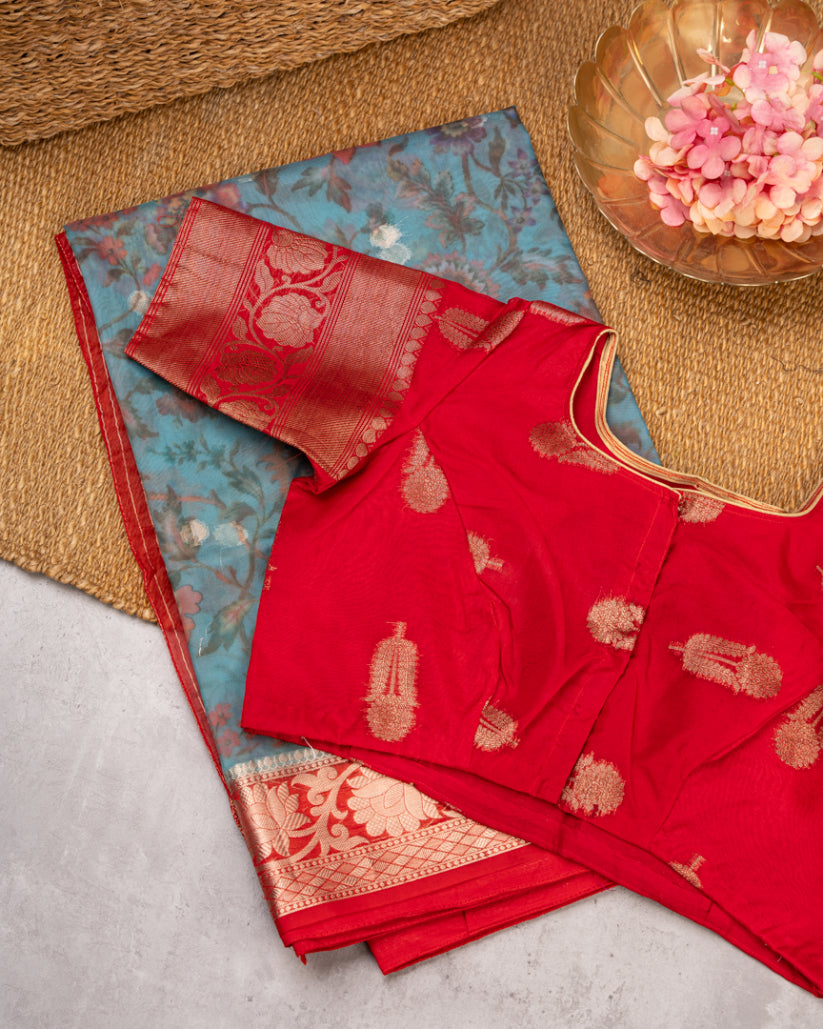 Most Sold | Pastel Blue Banarasi Kora Floral Printed Silk Saree with Red Banarasi Borders & Red Patten Blouse | Blouse Size 38-44” | Free Shipping