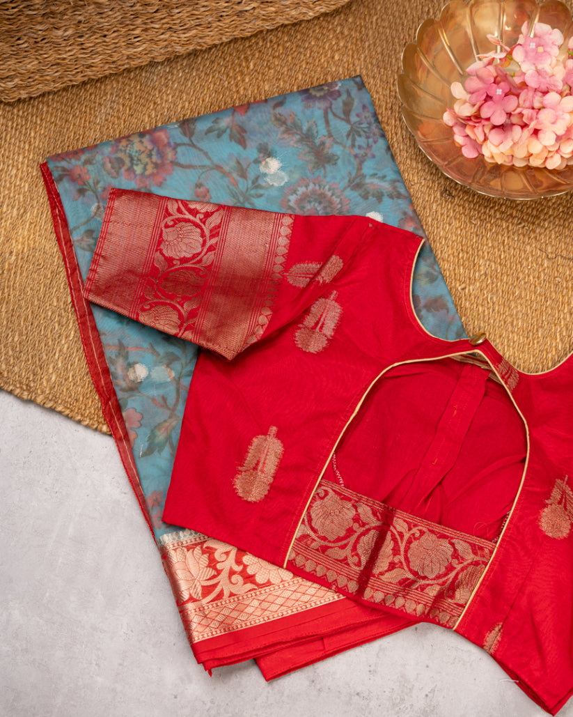 Most Sold | Pastel Blue Banarasi Kora Floral Printed Silk Saree with Red Banarasi Borders & Red Patten Blouse | Blouse Size 38-44” | Free Shipping