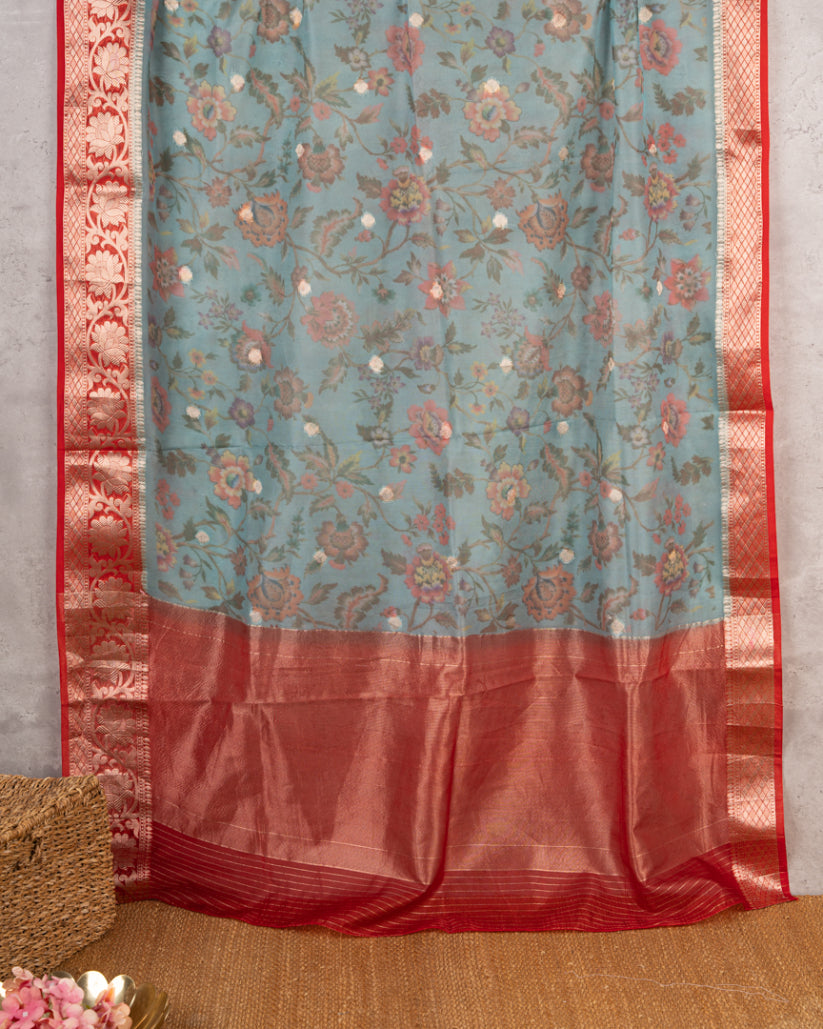 Most Sold | Pastel Blue Banarasi Kora Floral Printed Silk Saree with Red Banarasi Borders & Red Patten Blouse | Blouse Size 38-44” | Free Shipping