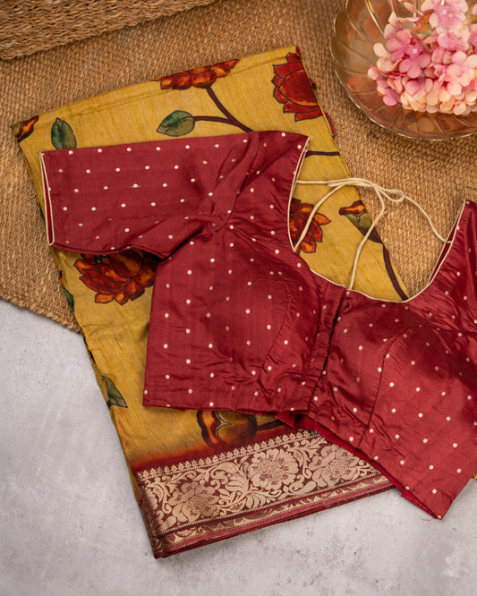 Mustard Munga Silk With Kalamkari Prints and Banarasi Borders with Banarasi Blouse  | Blouse Size 38-44” | Free Shipping