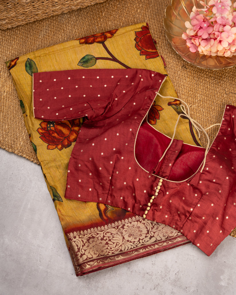 Mustard Munga Silk With Kalamkari Prints and Banarasi Borders with Banarasi Blouse  | Blouse Size 38-44” | Free Shipping