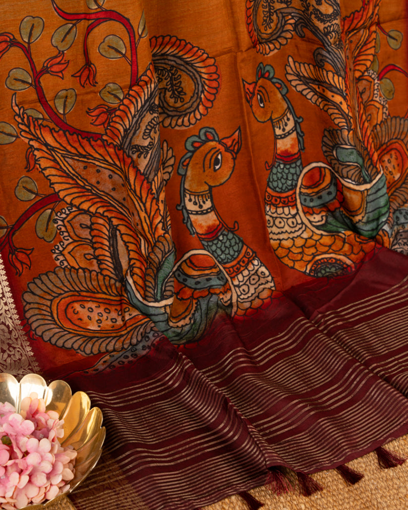 Mustard Munga Silk With Kalamkari Prints and Banarasi Borders with Banarasi Blouse  | Blouse Size 38-44” | Free Shipping