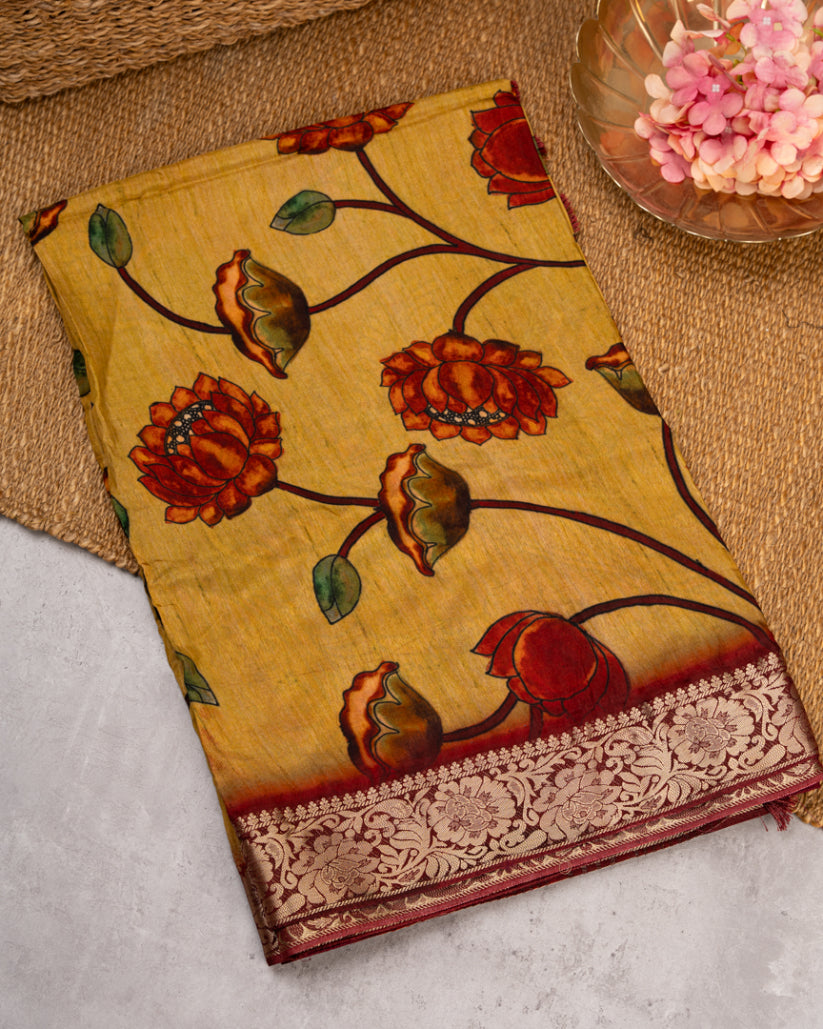 Mustard Munga Silk With Kalamkari Prints and Banarasi Borders with Banarasi Blouse  | Blouse Size 38-44” | Free Shipping